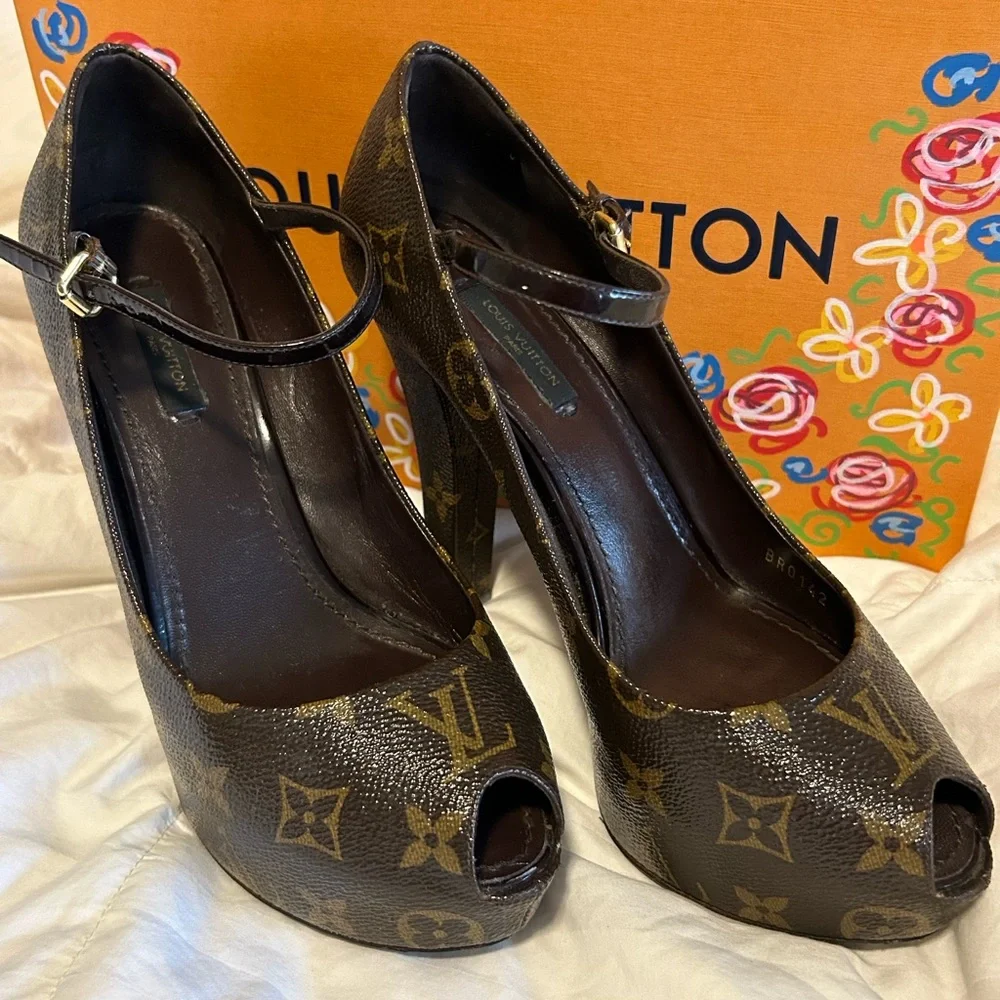 Louis Vuitton Monogram Peep-Toe Mary Jane Heels in Brown